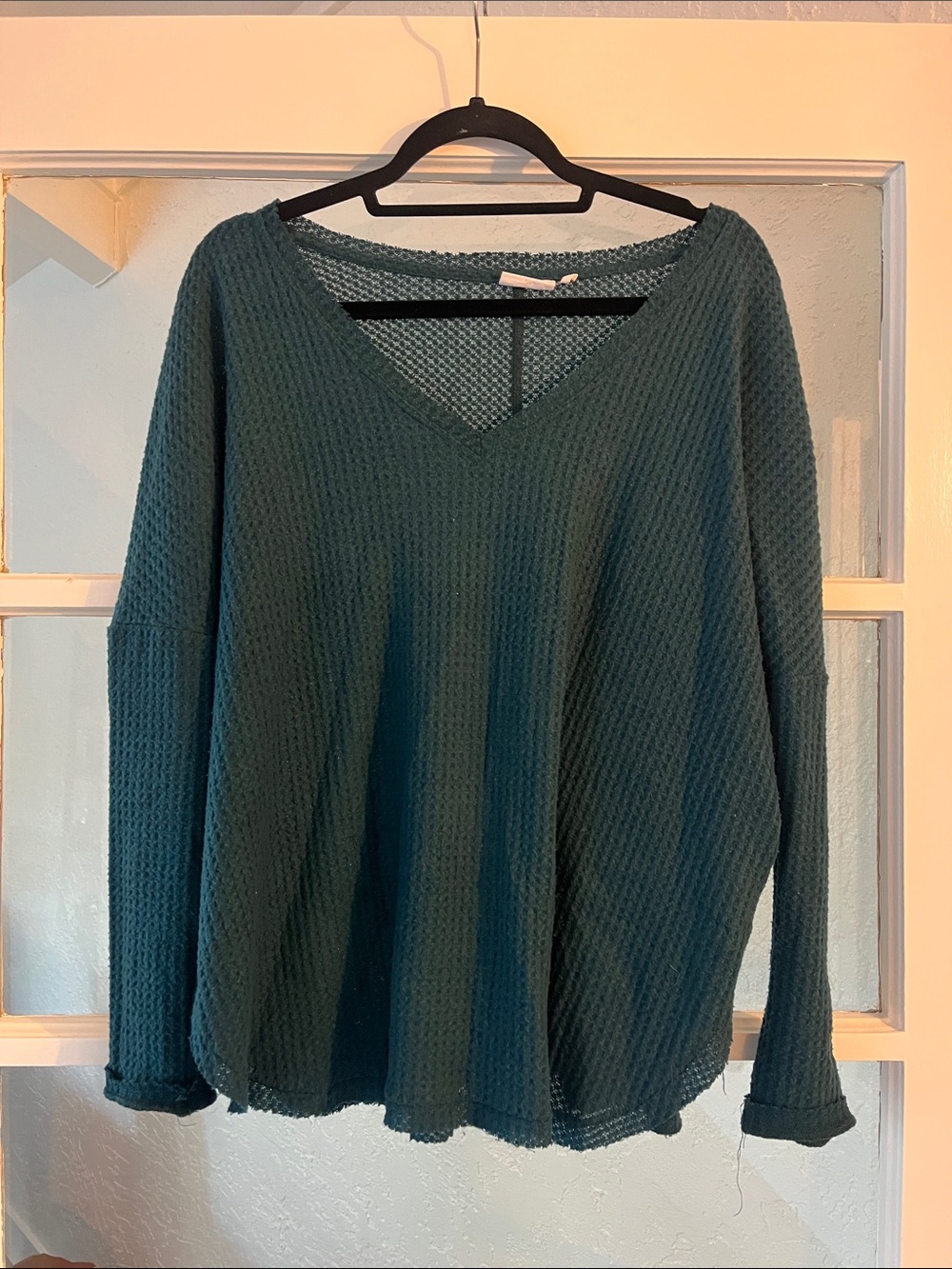 Urban Outfitters Teal Waffle V-Neck Long Sleeve Top